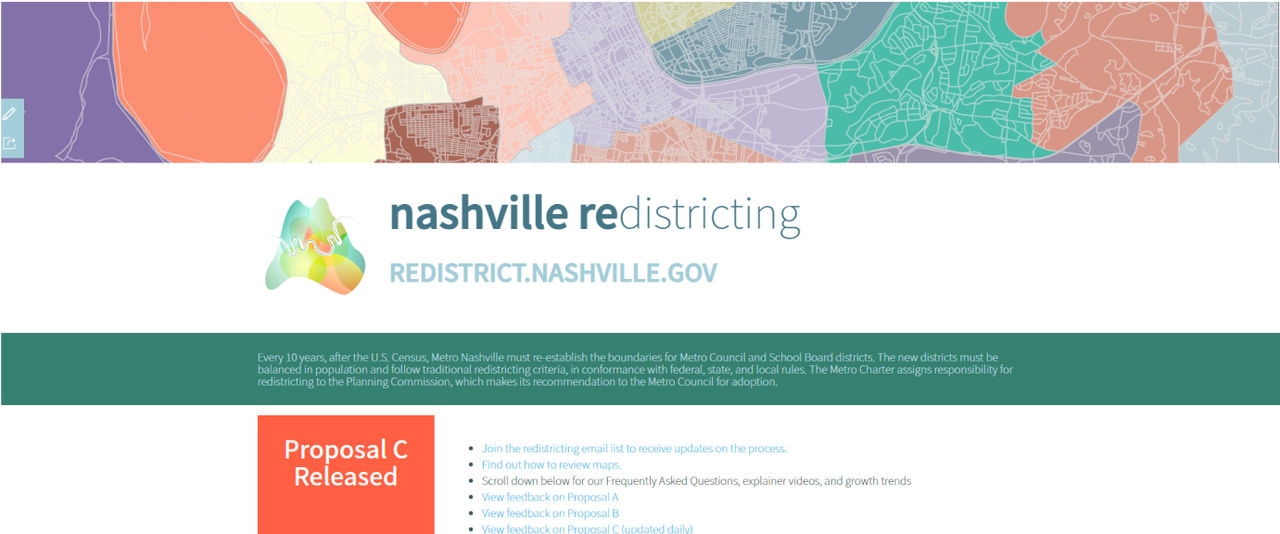 A screencap of Nashville redistricting website that shows a list of interactive maps that were proposed according to federal, state, and local rules. 