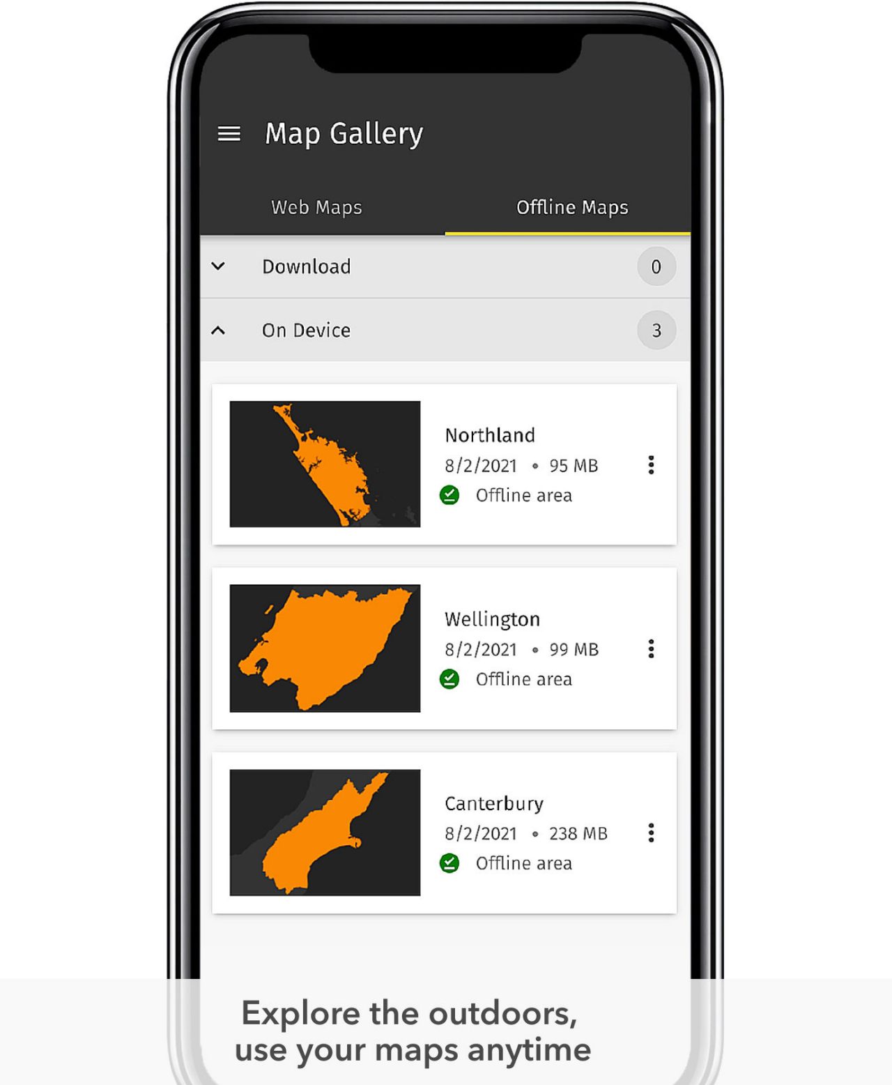 List of three orange maps in a map gallery on phone