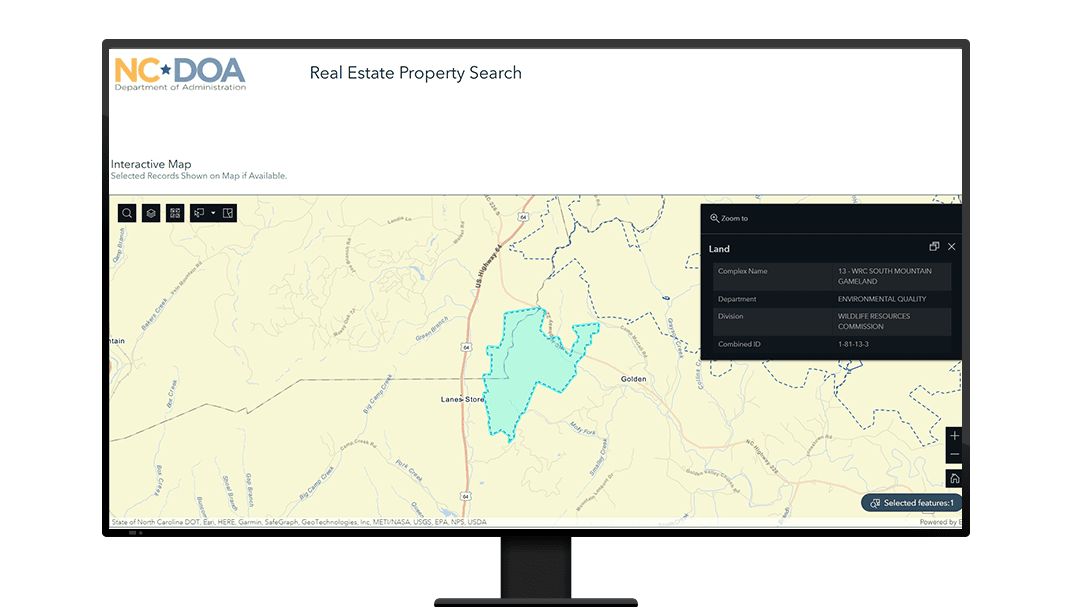 The interactive map portion of the Experience Builder application displays search results on a map.