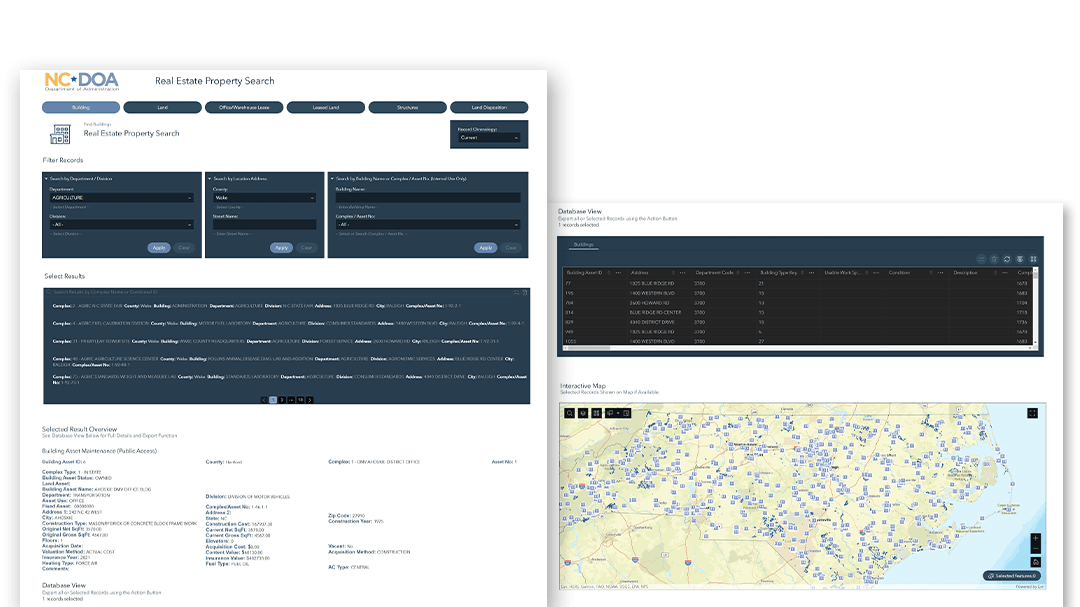 This is a view of the whole North Carolina State Property Office public-facing Experience Builder application.