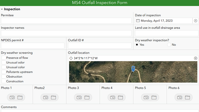 A screencapture of an inspection form with with an aerial image of a road winding through dry hillsides