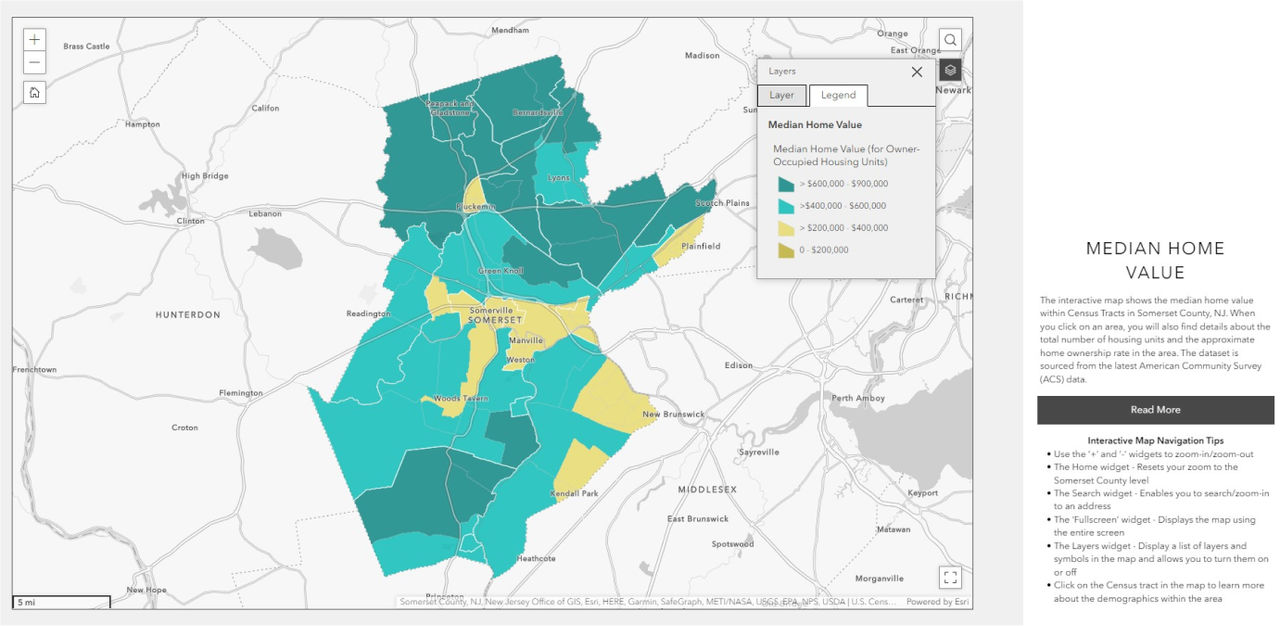 Interactive map showing median home values across census tracts in Somerset County, NJ.