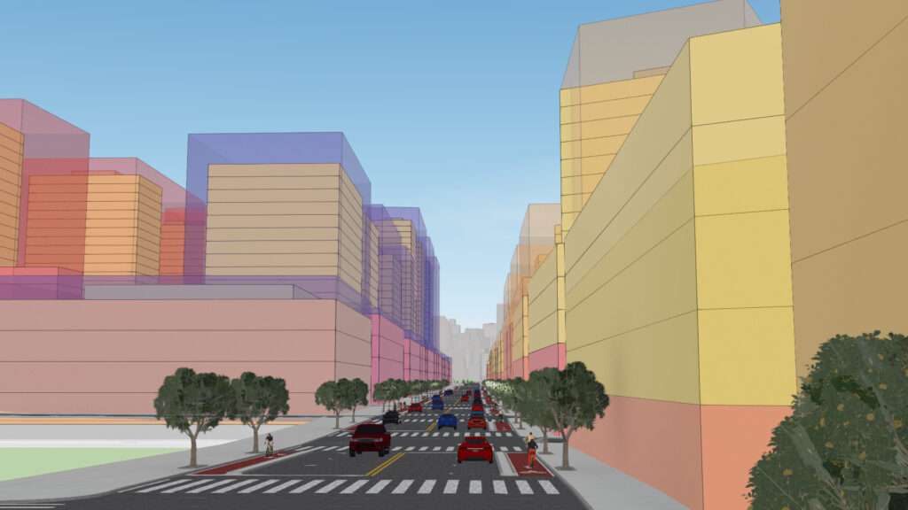 Image of a street scene where the tops of trees mistakenly show white instead of green