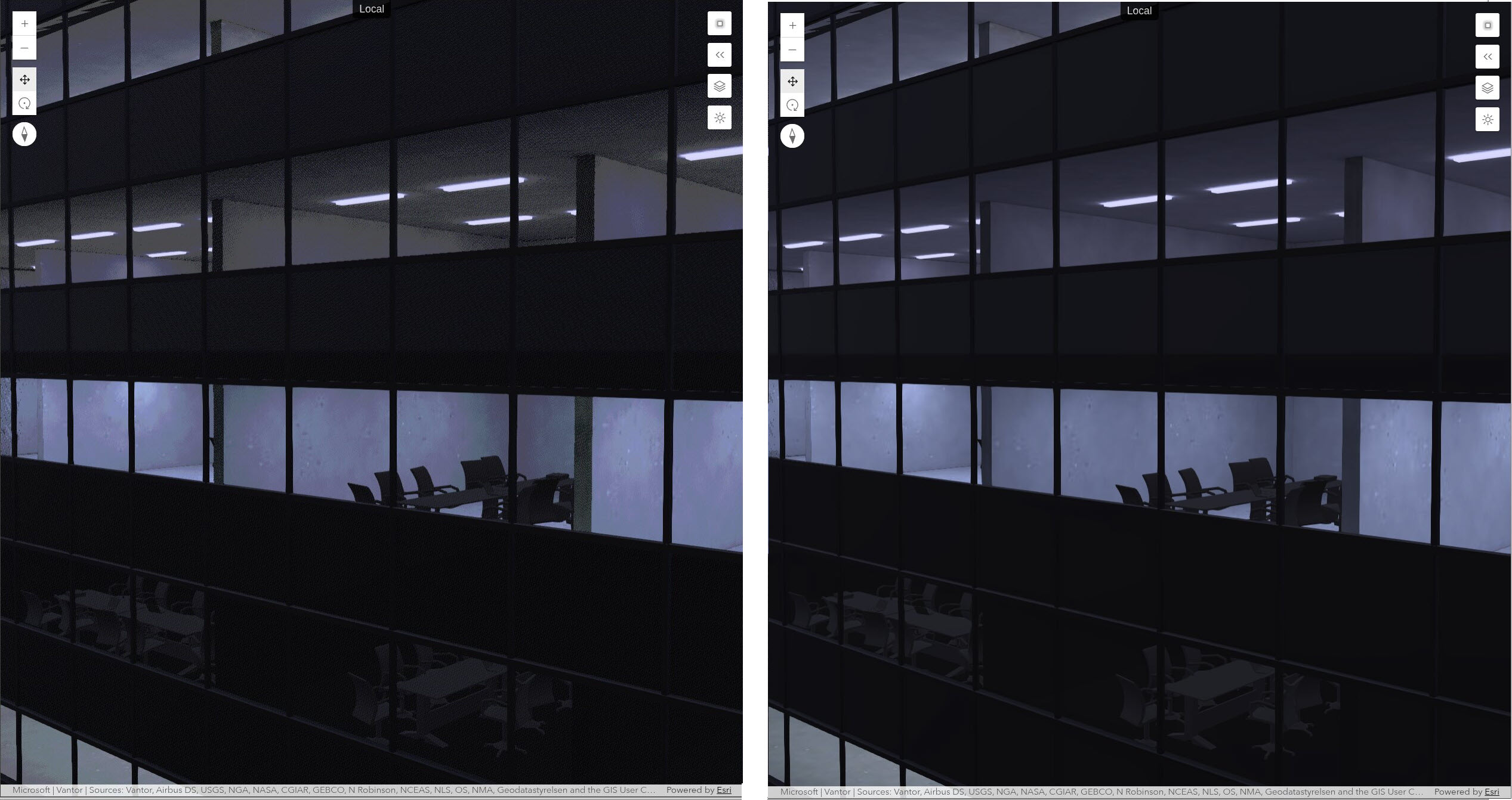 A night scene of a building with emissive light in lower windows showing a slight banding effect of a white light source behind a red transparency