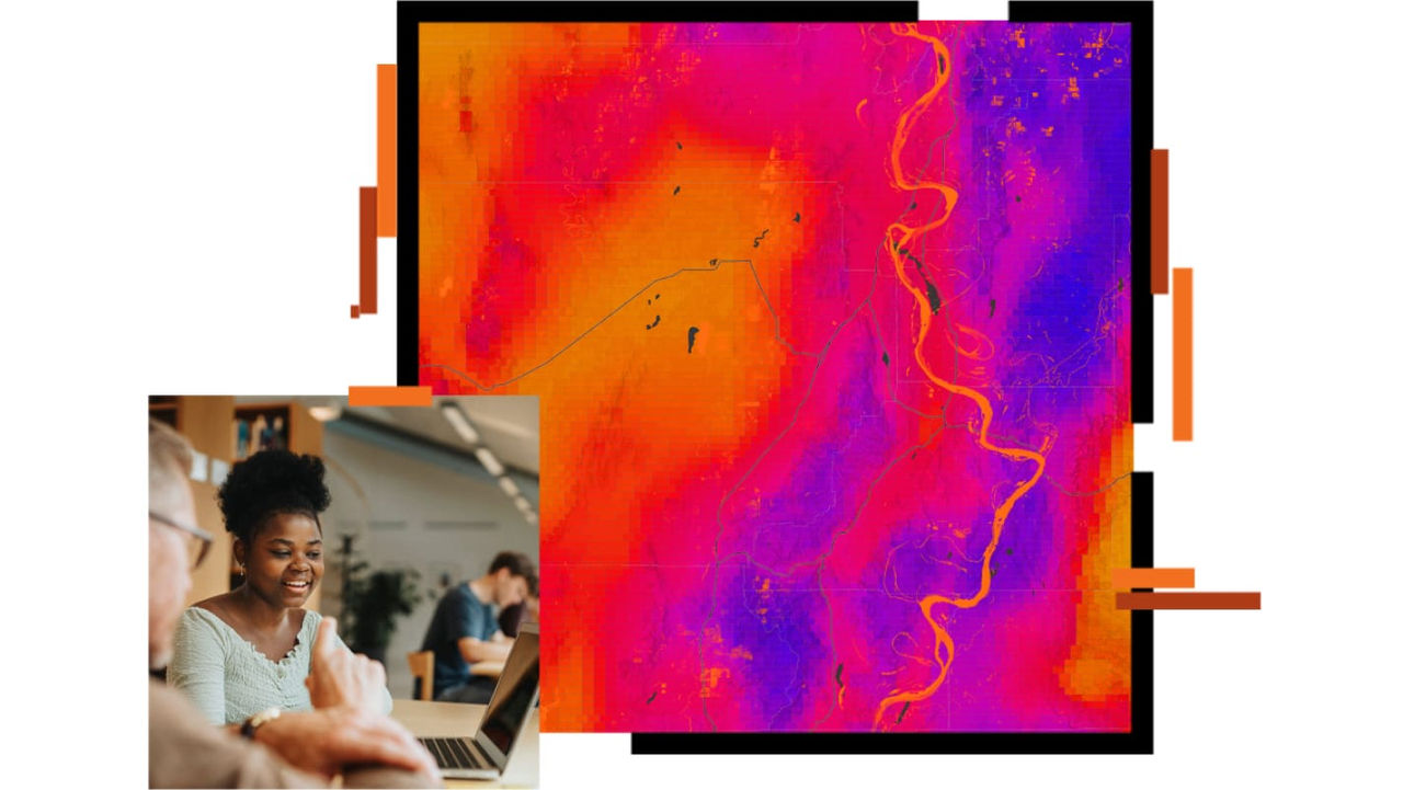 An infrared map in red, purple, and yellow with an orange river winding through it, overlaid with an image of a teacher in a pale blue blouse helping a student using a laptop in a classroom setting
