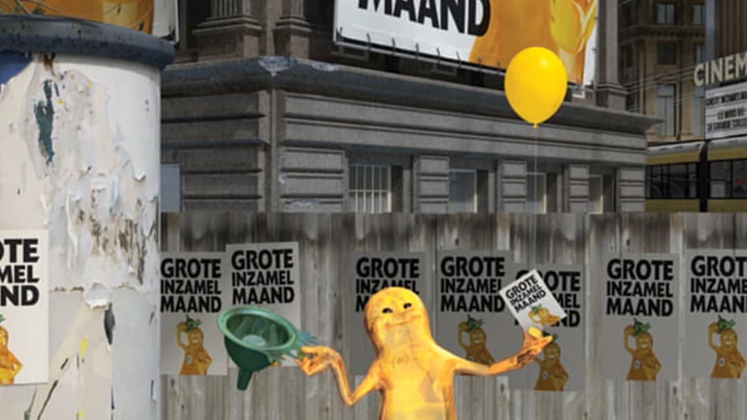 Personaje animado que sostiene un cartel, imagen extraída de un vídeo comercial