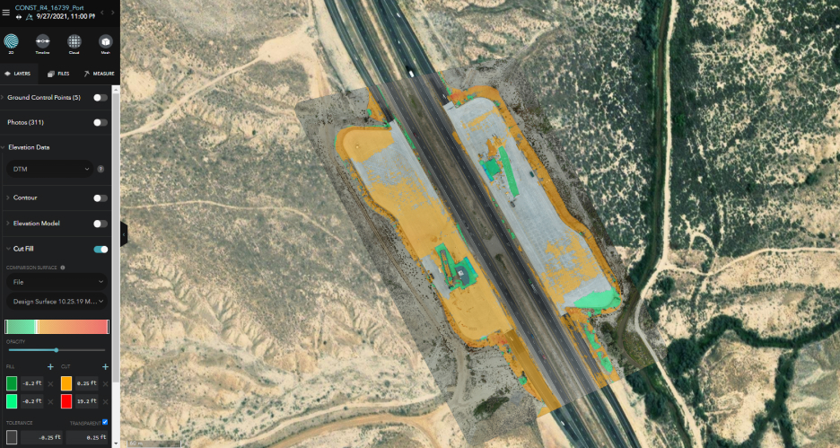 El análisis de las imágenes tomadas por drones con la herramienta de corte/relleno compara las elevaciones del diseño del proyecto y la ejecución en el terreno
