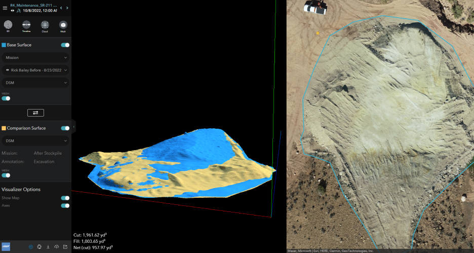 Una vista de pantalla del análisis de las imágenes tomadas por drones muestra cómo el UDOT realiza el análisis de corte y relleno con Site Scan for ArcGIS