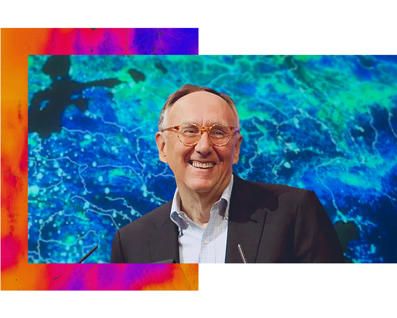 Jack Dangermond, cofondateur d’Esri et auteur du livre de cartographie The Power of Where, superposé sur deux cartes de densité contrastées