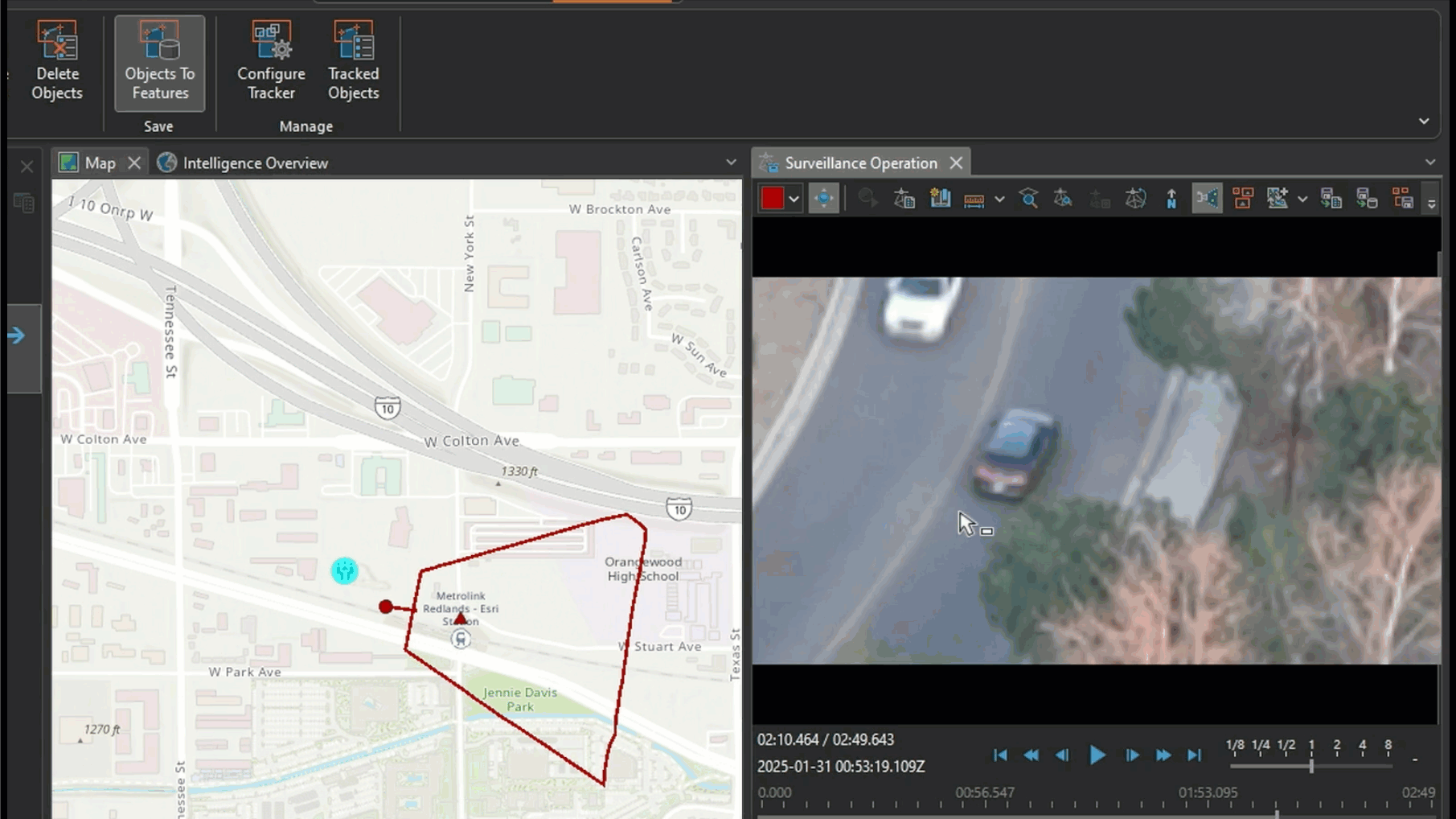 A split-screen interface in ArcGIS AllSource with a map on the left displaying a route and a satellite image on the right, highlighting mission adaptability tools