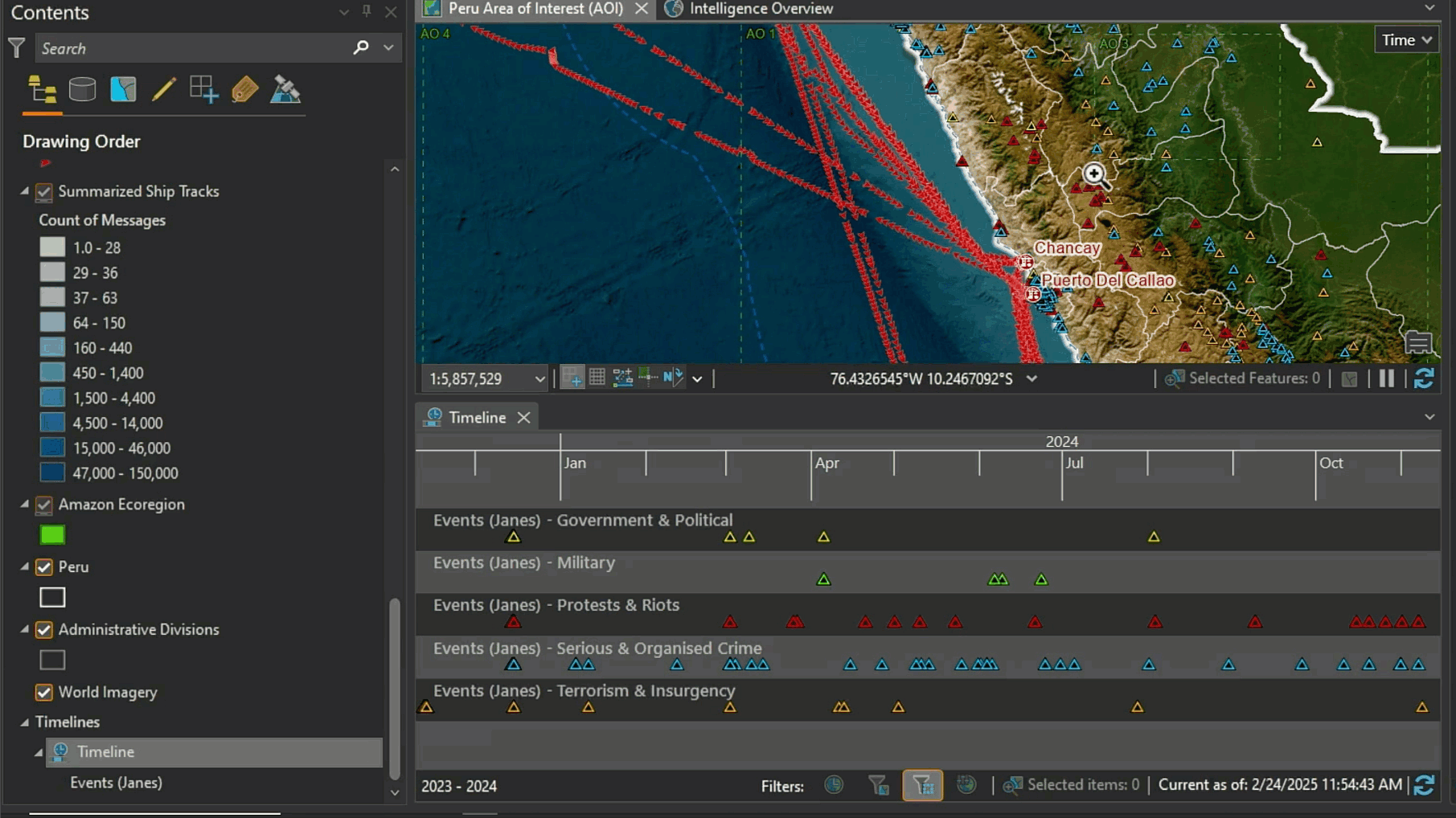 The ArcGIS AllSource interface displaying a coastal map and multiple data layers, demonstrating integrated systems and control capabilities