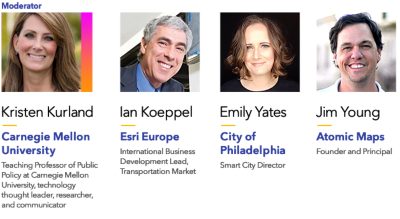 A professional panel showcasing affiliations with Carnegie Mellon University, Esri Europe, City of Philadelphia, and Atomic Maps.