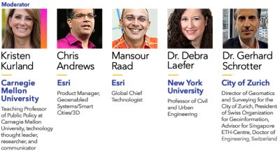 A professional panel featuring experts from Carnegie Mellon University, Esri, New York University, and the City of Zurich.