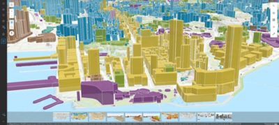 Screenshot courtesy of Wien3420 showing a 3D map of buildings in aspern Seestadt and a readout of total embodied CO2 emissions to measure building performance and efficiency. 