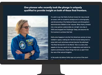 A computer monitor displaying an image of a woman on a boat in the ocean with text next to it about marine traffic patterns