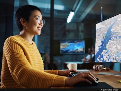 A woman in a yellow sweater uses a computer mouse and keyboard to navigate a 3D map displayed on a computer screen.