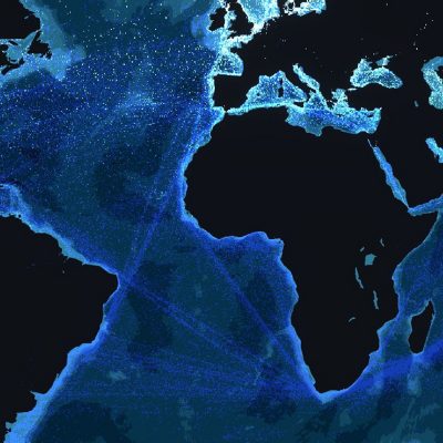 A map of shipping routes across the Atlantic, Europe, and Africa, showing patterns of human activity.