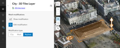3D-Kachel-Ebenen durch Ausschneiden von Löchern oder Abflachen von Bereichen modifizieren und 3D-Modelle einfügen, um vorgeschlagene Projekte zu präsentieren.
