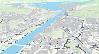 3D map of city infrastructure with orange and purple nodes showing points of interest and their connections