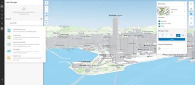 Scene Viewer app showing Washington, DC, with blue water, green trees and land, and buildings with text and icons on the left