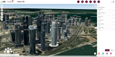 A stylized city model of Doha, Qatar, with labeled landmarks and a “Query Landmarks” panel with dropdown menus and buttons