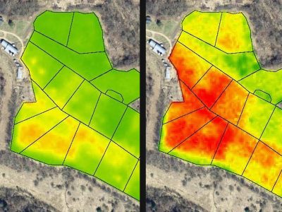 Imagen cedida por Organic Valley en la que se muestra una vista aérea de los pastos, superpuesta con capas de colores que cuantifican el estado de salud de la vegetación, con las plantas más sanas en verde y las que sufren estrés y enfermedades en rojo.