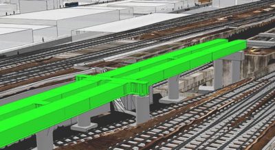 Digital twin of rail infrastructure with parts of the structure highlighted in green