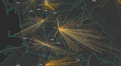 Map of the San Francisco Bay Area showing the locations of customers by zip code relative to shopping areas