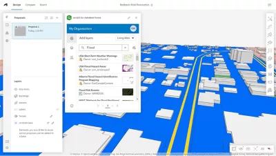 3D model of potential flood zones in Redlands and the ArcGIS for Aurodesk Forma window showing selected data layers