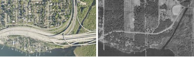 Aerial image comparison 1936 versus 2023 of Mercer Slough in Bellevue before and after the development of Interstate 90.
