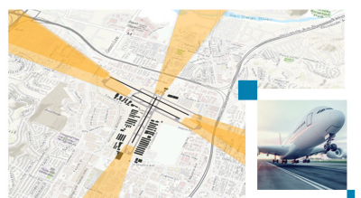 An airplane is shown landing on a runway, accompanied by a detailed urban map overlay. 