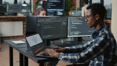 A person working on a laptop in an office setting, with multiple monitors displaying maps and data, representing continuous surveillance operations