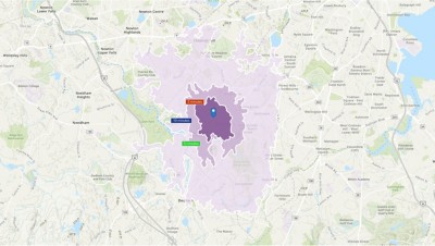 2D map of Boston, Massachusetts, showing travel times from a central location. Concentric rings indicate 3, 5, and 10-minute travel times.