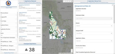 Web page with map of Idaho, green markers showing 38 unassigned applications; application review form is on the right 