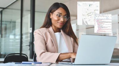 Femme qui travaille sur un ordinateur portable et en encart, images qui affichent du code et une carte avec des données sur les visites des parcs nationaux américains