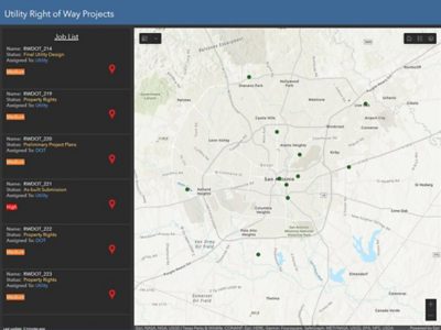  Projets de servitudes foncières des services dans la région de San Antonio avec des points de données éparpillés et une liste avec du texte sur la gauche