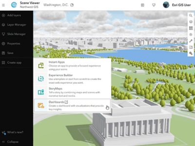 Application Scene Viewer représentant Washington DC avec l’eau en bleu, les arbres et les terres en vert, et les bâtiments, avec du texte et des icônes sur la gauche