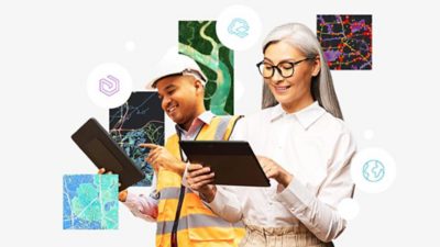 Deux professionnels utilisant des tablettes pour consulter les cartes et les types de données avec une imagerie satellite et des diagrammes de réseau en encarts