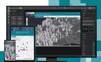 A stylized map of Edinburgh, Scotland, showing buildings and terrain alongside cartography tools in ArcGIS Pro