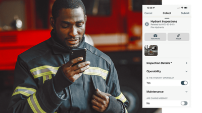 A firefighter in protective gear holding a smartphone overlaid with a hydrant inspection form displayed on a mobile app interface