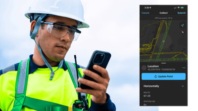 A field worker wearing protective gear using a smartphone outdoors, with a map interface shown beside the image