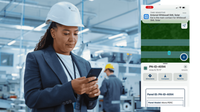 A utility worker in a hard hat performs a network trace task on a tablet, shown next to a digital tracing map interface