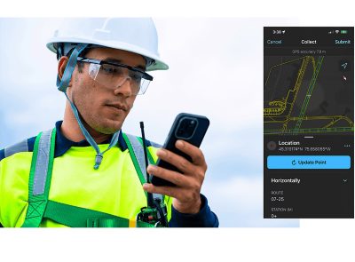 Kuvituskuva, missä kenttätyöntekijä kerää tieto ArcGIS Field Maps -sovelluksella