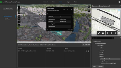 Modèle d’infrastructure 3D avec des composants colorés et un volet de données à droite