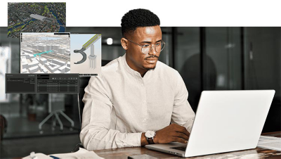 Personne travaillant sur un ordinateur portable dans un bureau et, dans le coin supérieur gauche, deux écrans en encart montrant des modèles urbains 3D et des visualisations de conception structurelle