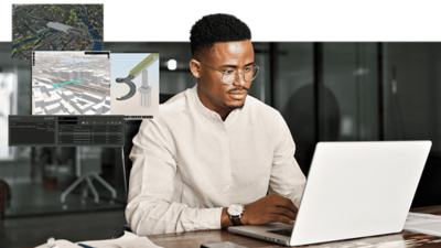 Person working on a laptop in an office and in the top left corner two inset screens showing 3D city models and structural design visualizations
