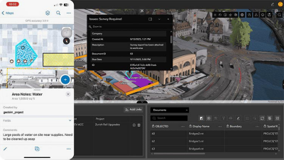 Application d’exploitation sur le terrain de Zurich montrant une vue 3D d’une zone de gare ferroviaire avec des zones mises en surbrillance et un volet sur les problèmes intitulé « Survey Required (Enquête requise) » affichant des détails tels que la société, la date de création et la date d’échéance