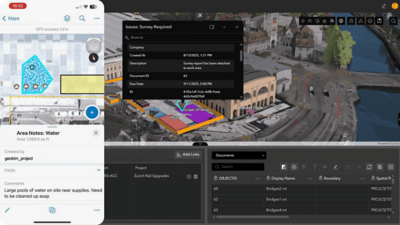 Zurich Field Operation App showing a 3D view of a railway station area with highlighted zones and an issue panel titled 'Survey Required' displaying details like company, creation date, and due date