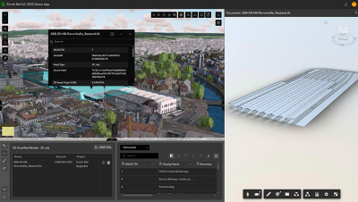 Capture d’un écran partagé d’une application de démonstration ferroviaire de Zurich montrant un modèle urbain 3D avec les détails des ressources à gauche et un modèle de quai ferroviaire structurel à droite
