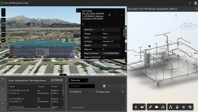 Modèle de bâtiment 3D avec détails des propriétés et un diagramme de représentation filaire de tuyauterie